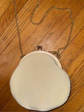 Vintage Ivory Micro Beaded Evening Bag Gold Chain Kiss Lock Clutch Purse